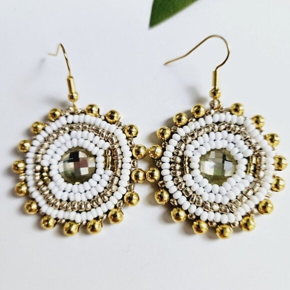 2/$27 | White + Gold Beaded Bohemian Indigenous Native Hoop Earrings | Handmade - Picture 3 of 10